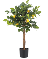 De Kunstplant citroenboom 75 cm is een kleine kunstcitroenboom met een bruine stam, groene bladeren en verschillende gele nepcitroenen tegen een effen witte achtergrond.