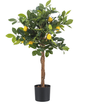 De Kunstplant citroenboom 75 cm is een kleine kunstcitroenboom met een bruine stam, groene bladeren en verschillende gele nepcitroenen tegen een effen witte achtergrond.