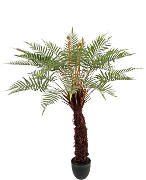 De Kunstplant Dicksonia 127 cm is een hoge varen in pot met een bruine, gestructureerde stam en lange, gebogen groene bladeren tegen een witte achtergrond.