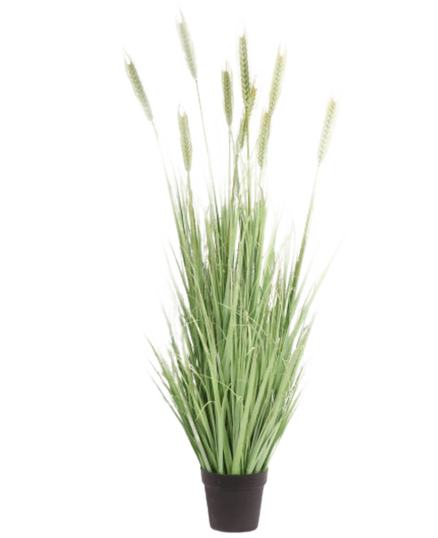 Die feuerhemmende Kunstrasenpflanze Grün 150 cm hat hohe, schlanke grüne Halme und weizenähnliche Stängel, die im Innenbereich für ein natürliches Aussehen sorgen. Diese Kunstrasenpflanze steht vor einem schlichten weißen Hintergrund.