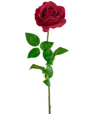 Die künstliche Rose Real Touch 53 cm rot ist eine einzelne künstliche Rose mit einem langen grünen Stiel und mehreren Blättern, isoliert auf weißem Hintergrund.