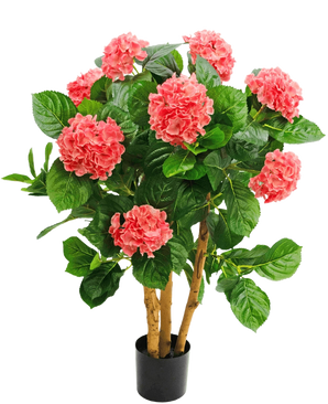 De Kunstplant Hortensia UV 85 cm roze heeft meerdere stelen, brede groene bladeren en roze hortensiabloemen in een zwarte pot, wat zorgt voor een levendig contrast en een levensechte weergave.